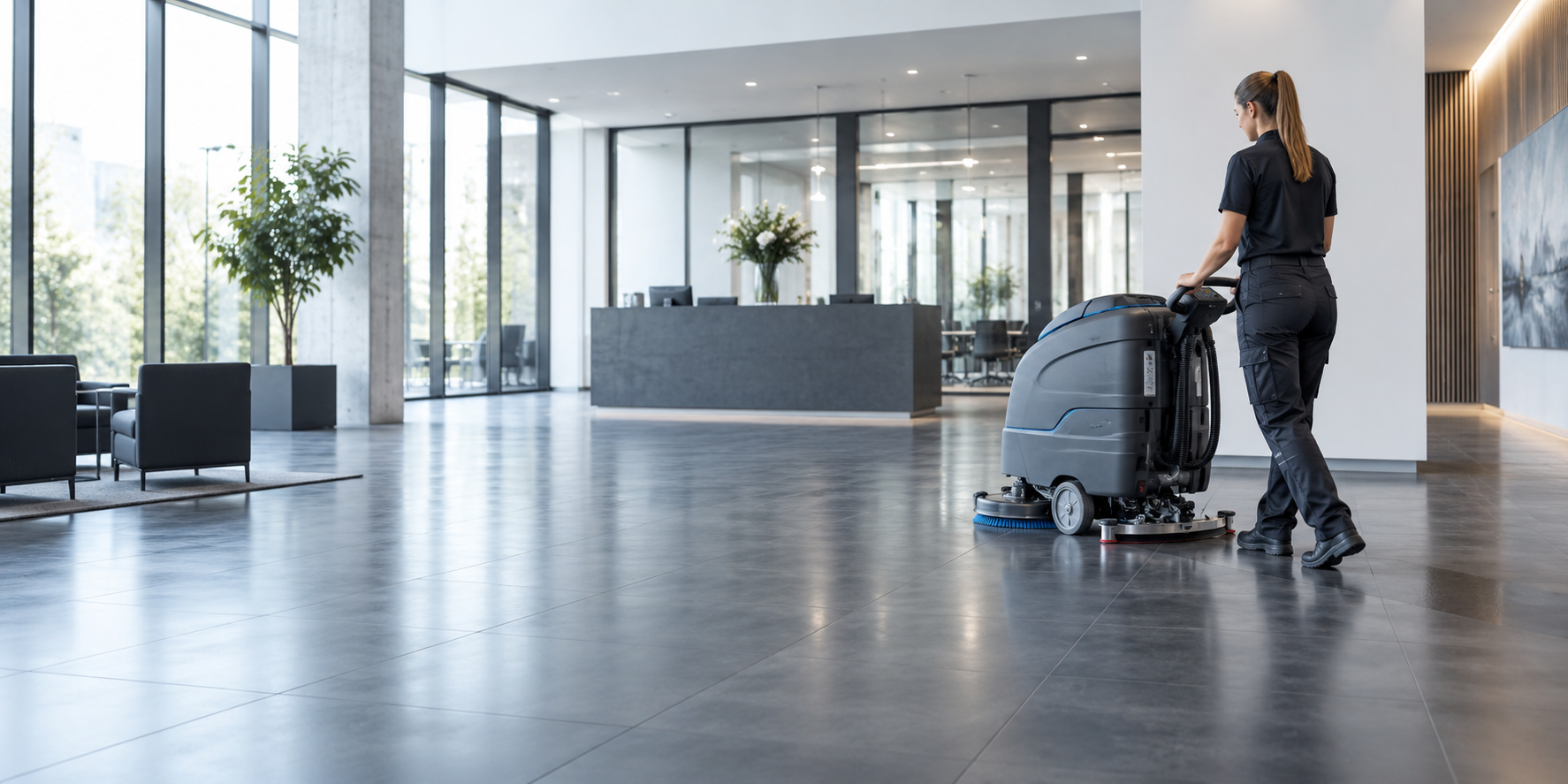 Professionelle maschinelle Reinigung eines modernen Gewerbebodens